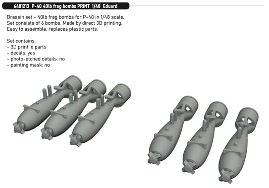 Eduard Brassin 6481213 1:48 Curtiss P-40E/P-40K 40lb Frag Bombs PRINT