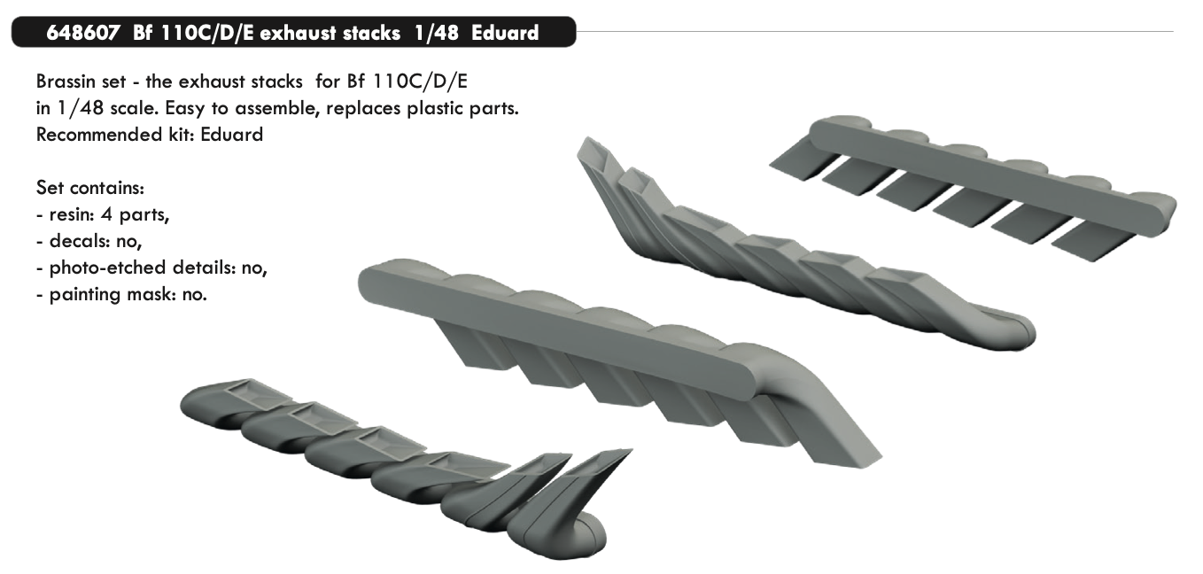 Eduard Brassin 648607 1:48 Messerschmitt Bf-110C/Bf-110D/Bf-110E exhaust stacks