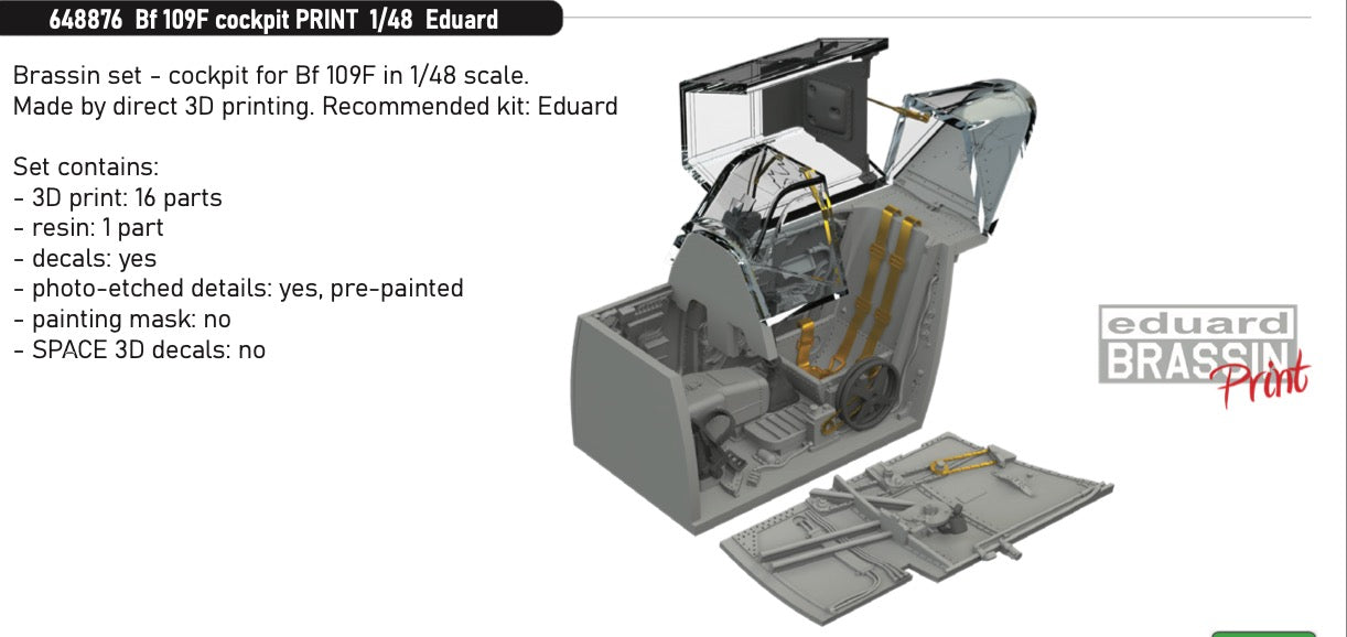 Eduard Brassin 648876 1:48 Messerschmitt Bf-109F cockpit 3D-printedto be used with Eduard