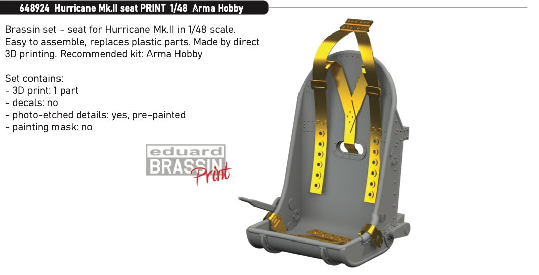 Eduard Brassin 648924 1:48 Hawker Hurricane Mk.II seat for Arma Hobby