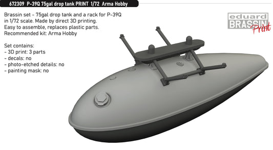 Eduard Brassin 672309 1:72 Bell P-39Q Airacobra 75gal drop tank 3D-printed