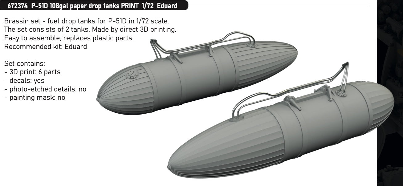 Eduard Brassin 672374 1:72 P-51D Mustang 108gal paper drop tanks