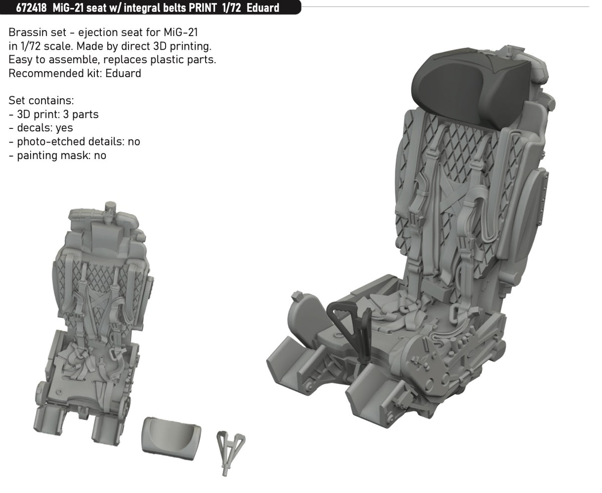 Eduard Brassin 672418 1:72 Mikoyan MiG-21 Seat with Integral Belts 3D-Printed