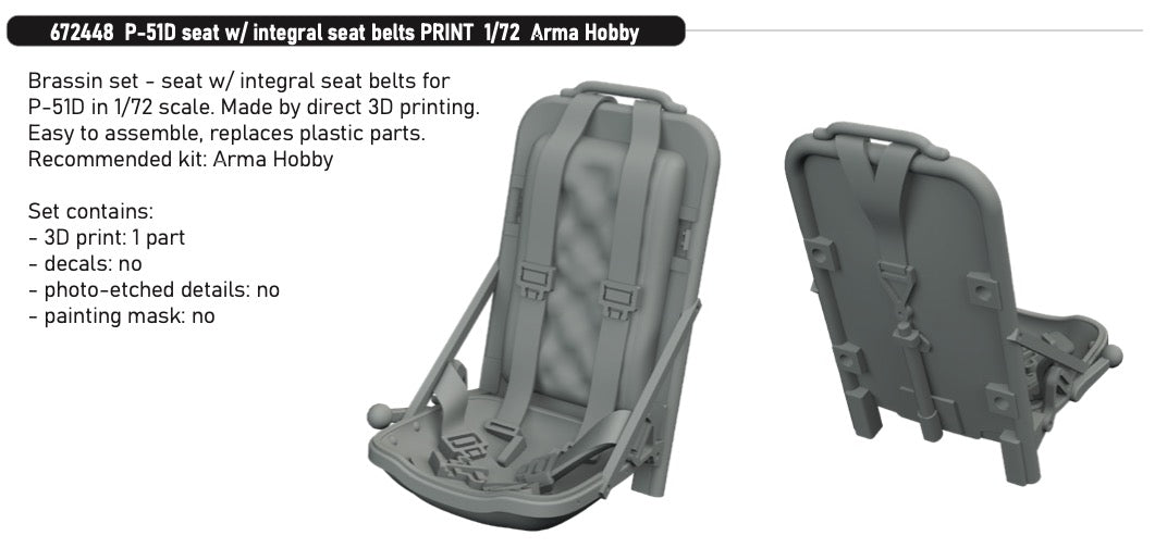 Eduard Brassin 672448 1:72 North-American P-51D Mustang seat with integral seat belts