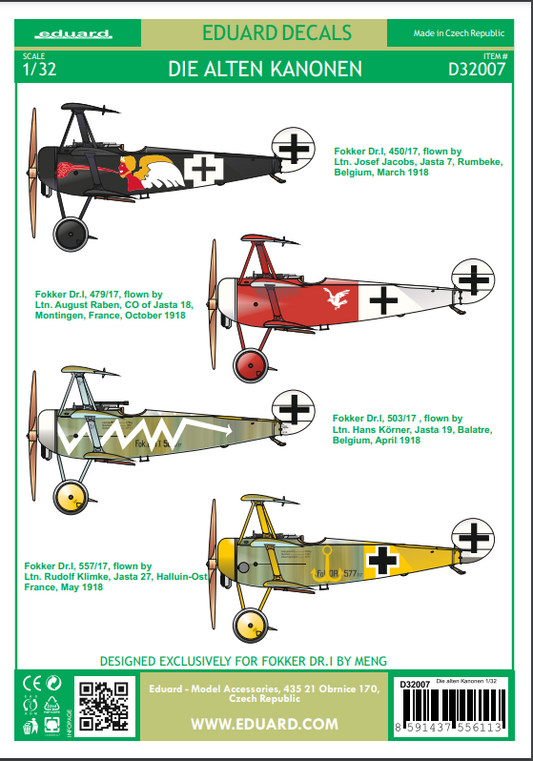 Eduard decals D32007 1:32 Die alten Kanonen Fokker Dr.I Triplane