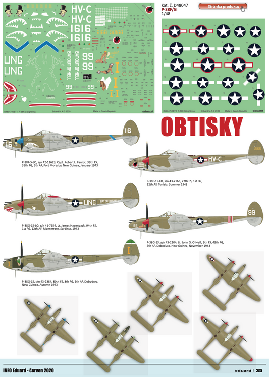 Eduard D48047 1:48 Lockheed P-38F/G Lightning x 5 aircraft.