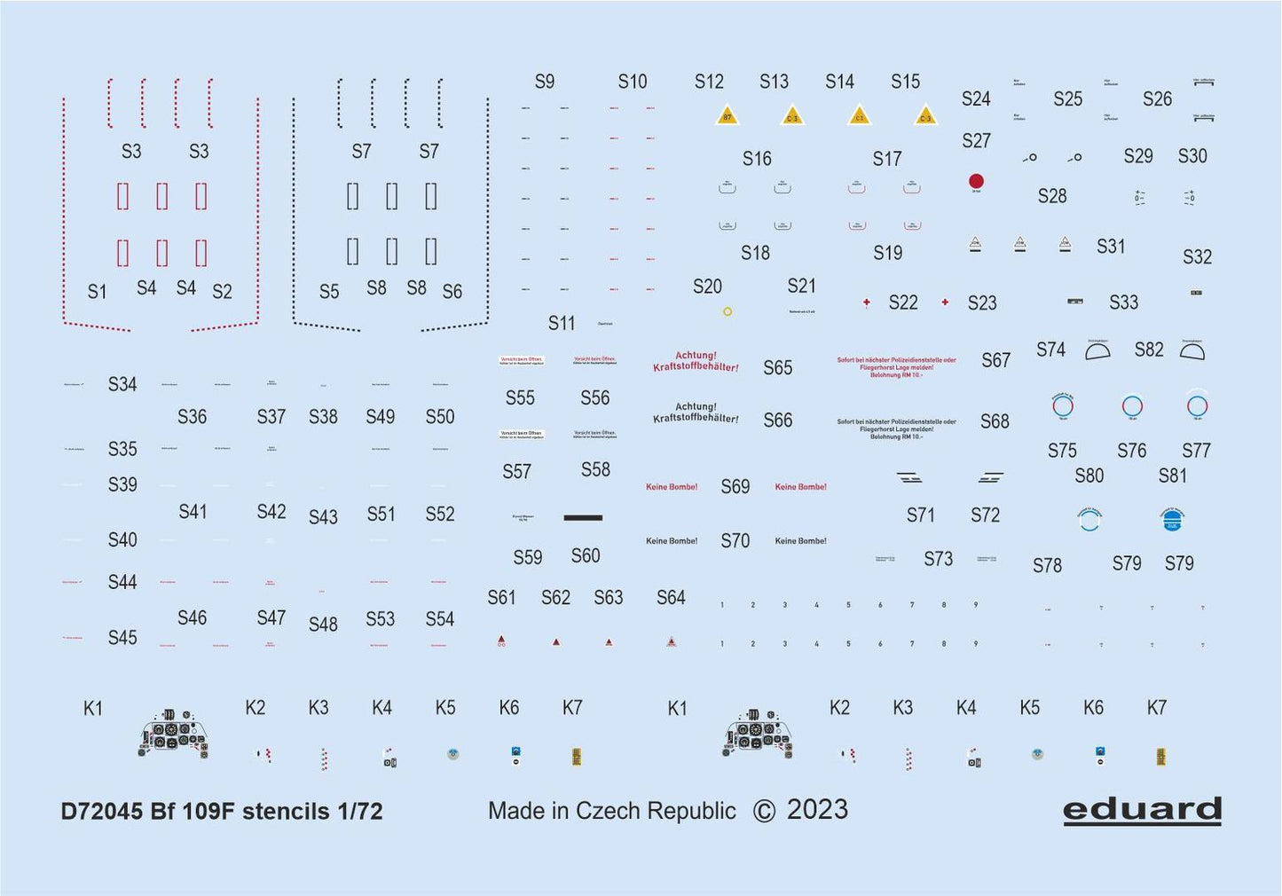 Eduard D72045 1:72 Messerschmitt Bf-109F stencils to be used with Eduard