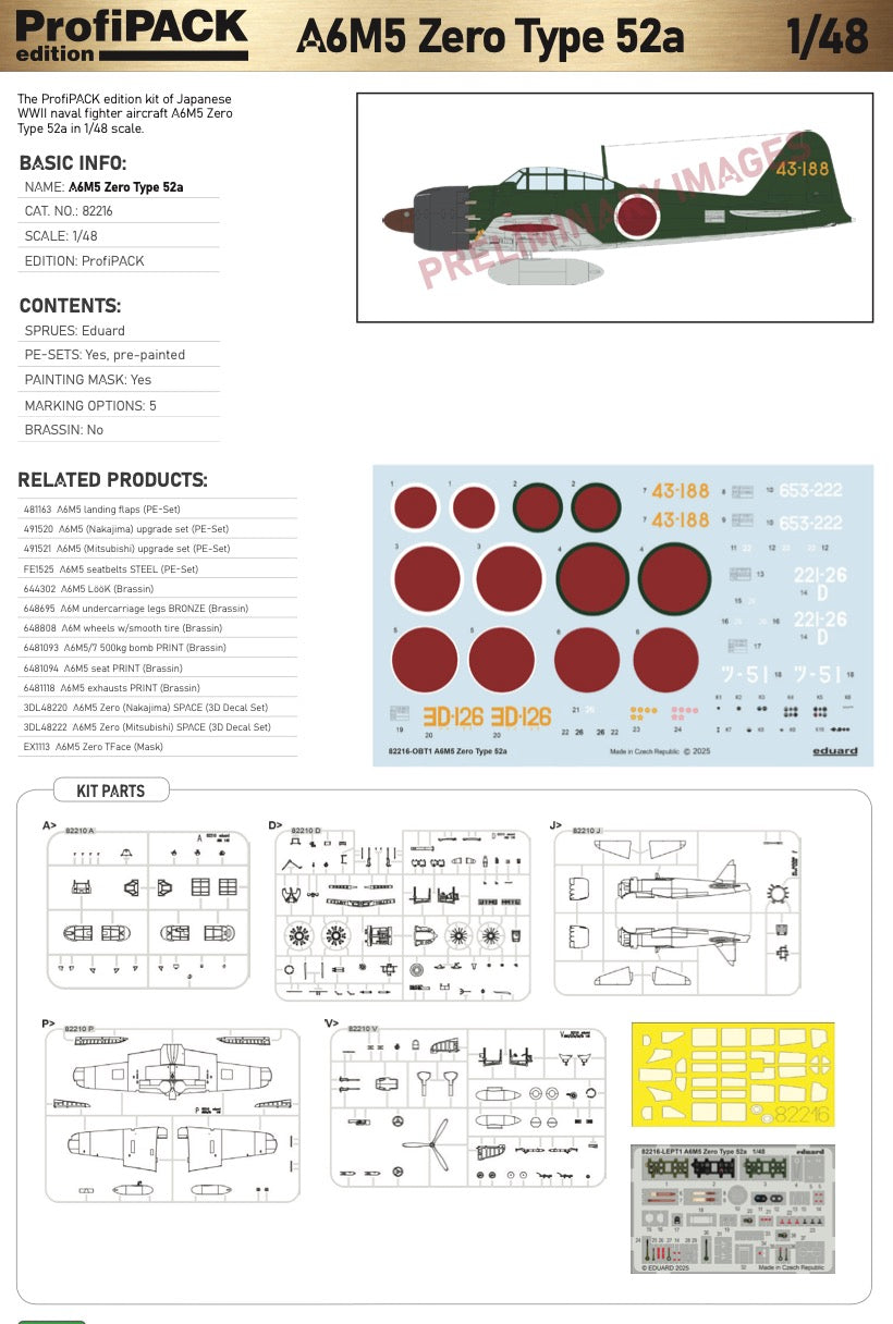 Eduard kits 82216 1:48 Mitsubishi A6M5 Zero Type 52a ProfiPACK edition