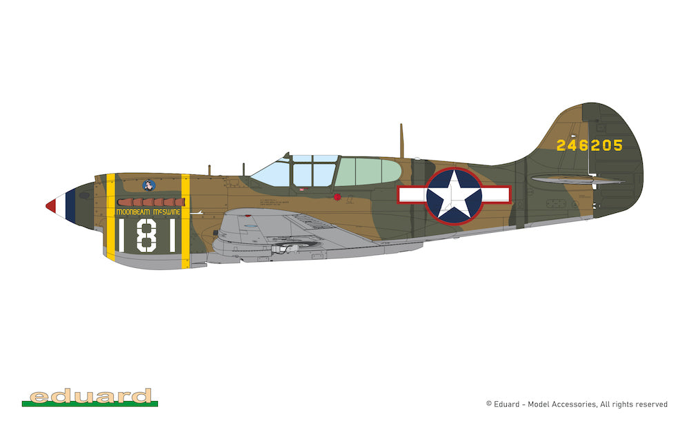 Eduard kits 82243 1:48 Curtiss P-40K short tail. The ProfiPACK edition kit of the US fighter aircraft P-40K Warhawk (short tail) in 1/48 scale. - plastic parts: Eduard - marking options: 6 - decals: Eduard - PE parts: yes, pre-painted - painting mask: ye