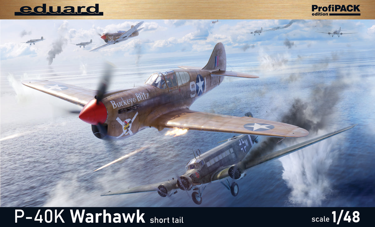 Eduard kits 82243 1:48 Curtiss P-40K short tail. The ProfiPACK edition kit of the US fighter aircraft P-40K Warhawk (short tail) in 1/48 scale. - plastic parts: Eduard - marking options: 6 - decals: Eduard - PE parts: yes, pre-painted - painting mask: ye