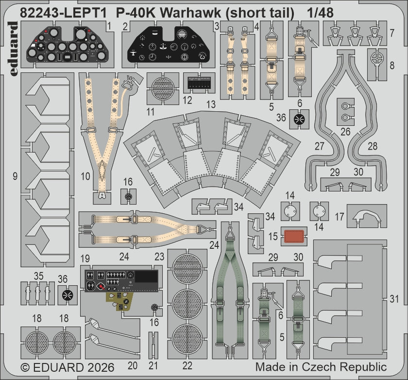 Eduard kits 82243 1:48 Curtiss P-40K short tail. The ProfiPACK edition kit of the US fighter aircraft P-40K Warhawk (short tail) in 1/48 scale. - plastic parts: Eduard - marking options: 6 - decals: Eduard - PE parts: yes, pre-painted - painting mask: ye