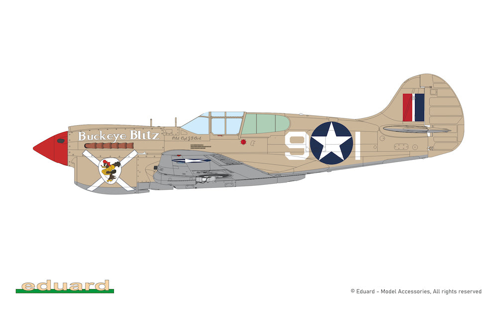 Eduard kits 82243 1:48 Curtiss P-40K short tail. The ProfiPACK edition kit of the US fighter aircraft P-40K Warhawk (short tail) in 1/48 scale. - plastic parts: Eduard - marking options: 6 - decals: Eduard - PE parts: yes, pre-painted - painting mask: ye