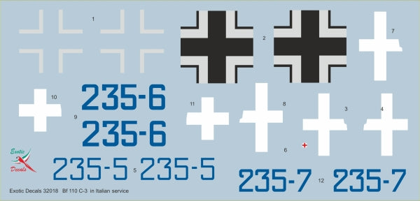 Exotic Decals ED32018 1:32 First heavy night fighters in Italian service â€“ Messerschmitt Bf-110C-3 in Regia Aeronatica