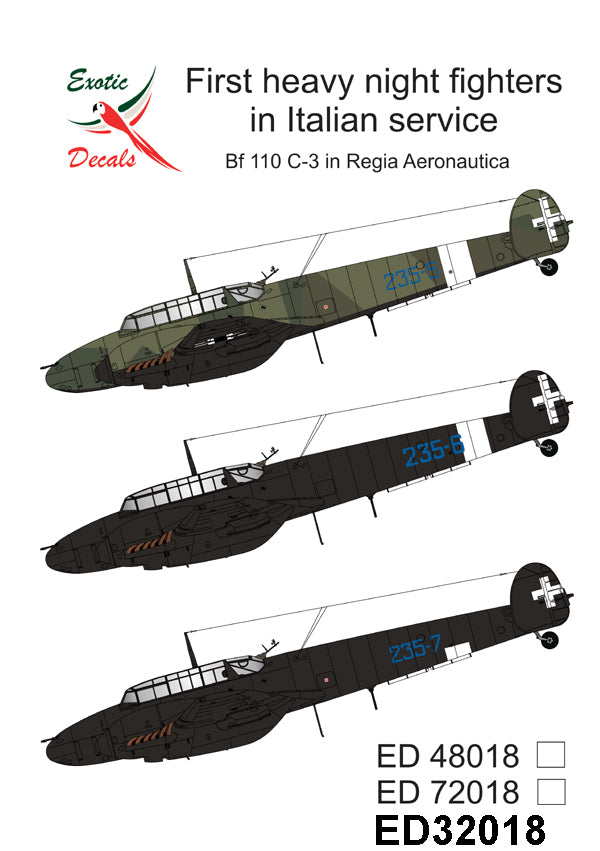 Exotic Decals ED32018 1:32 First heavy night fighters in Italian service â€“ Messerschmitt Bf-110C-3 in Regia Aeronatica