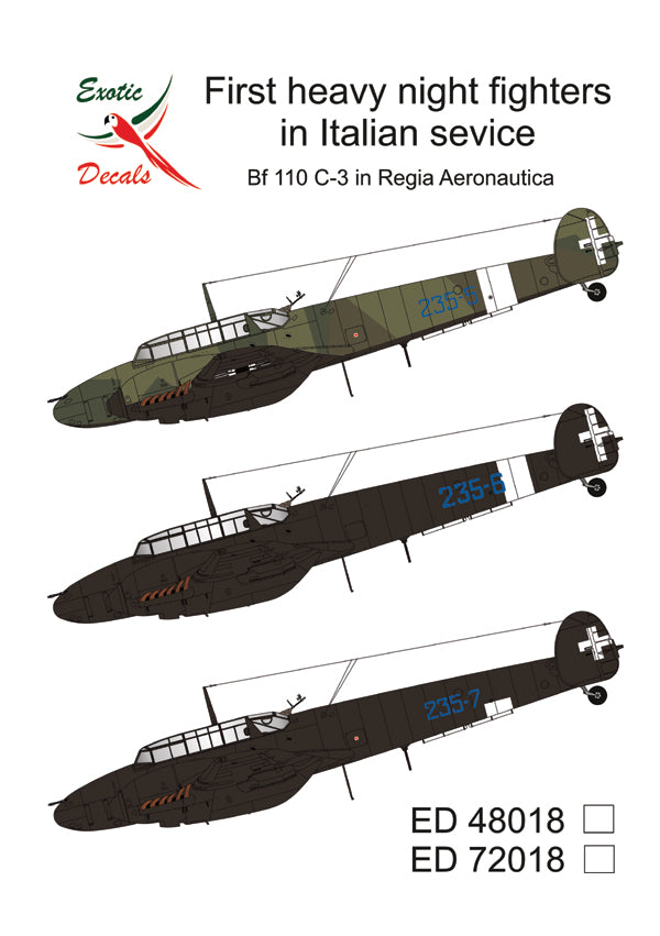 Exotic Decals ED48018 1:48 First heavy night fighters in Italian service  Bf 110C-3 in Regia Aeronatica