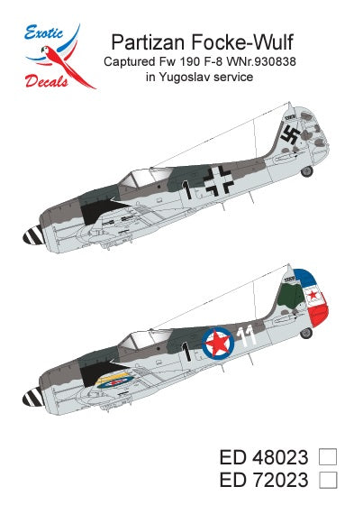 Exotic Decals ED48023 1:48 Partizan Focke-Wulf - Captured Fw 190 F-8 WNr.930838 in Yugoslav service