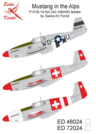 Exotic Decals 48024 1:48 Mustang in the Alps - P-51B-10-NA (42-106438) tested by Swiss Air Force