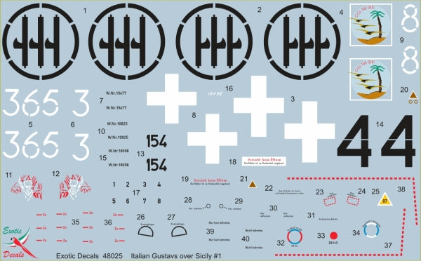 Exotic Decals ED48025 1:48 Italian Gustavs over Sicily #1 - Messerschmitt Bf-109G in Regia Aeronautica - part 1