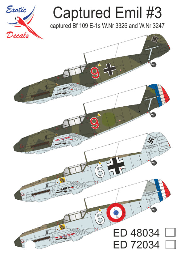 Exotic Decals ED48034 1:48 Captured Emil #3 - captured Bf 109 E-1s W.Nr 3329 & W.Nr 3247