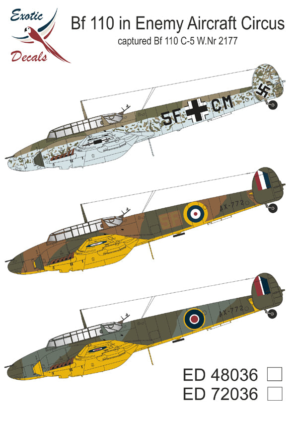 Exotic Decals ED48036 1:48 Bf 110 in Enemy Aircraft Circus - captured Bf 110 C-5 W.Nr 2177