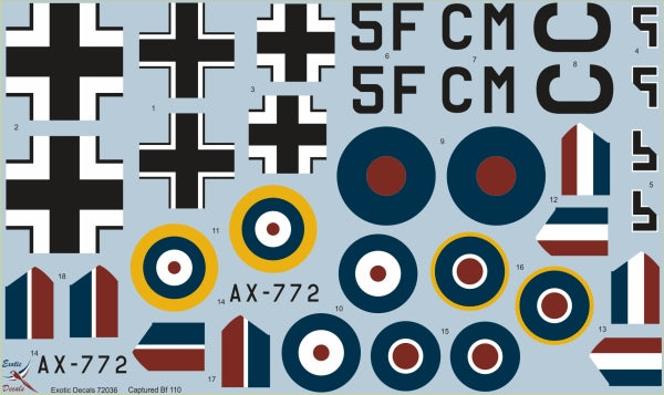 Exotic Decals ED48036 1:48 Bf 110 in Enemy Aircraft Circus - captured Bf 110 C-5 W.Nr 2177