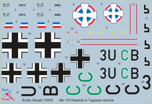 Exotic Decals ED72002 1:72 Me 110 Razarac - Me 110 in Yugoslav service