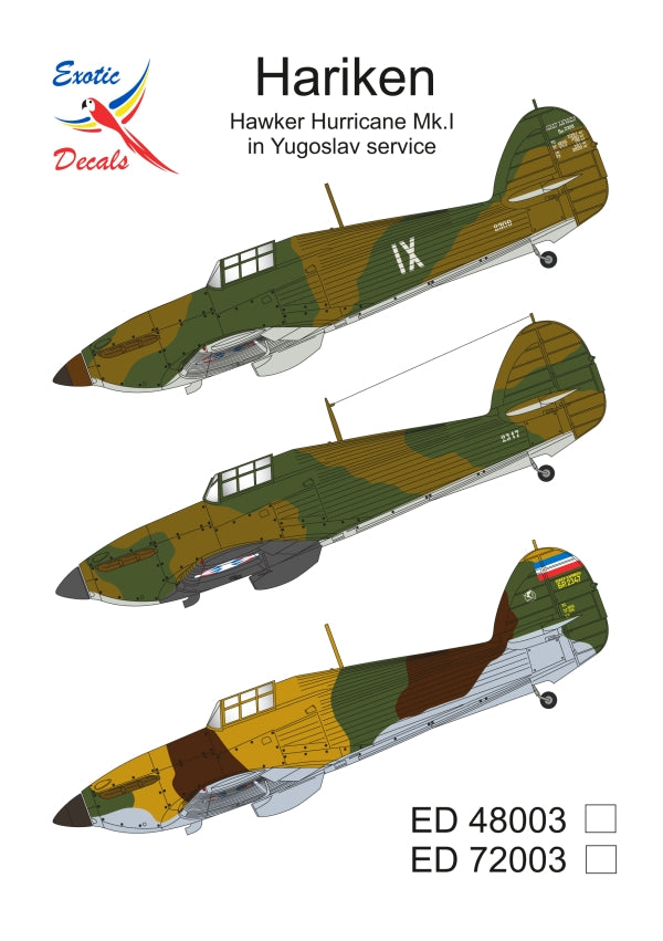 Exotic Decals ED72003 1:72 Hariken - Hawker Hurricane Mk.I in Yugoslav service