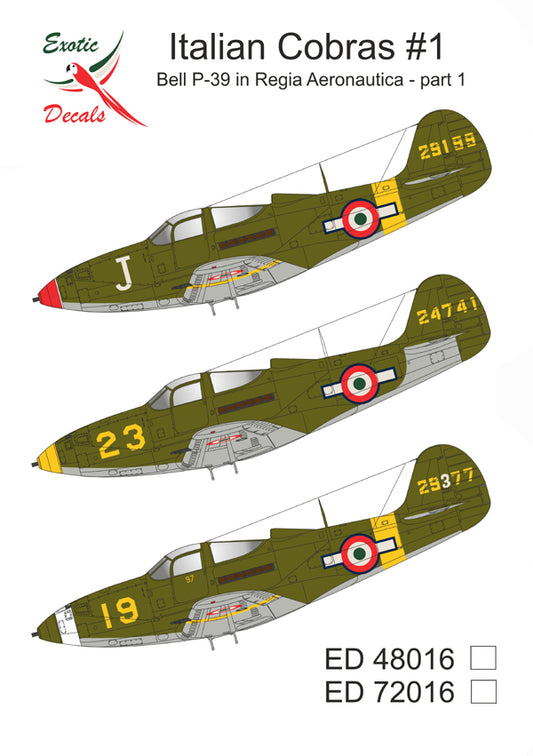 Exotic Decals ED72016 1:72 Italian Cobras #1 Bell P-39 in Regia Aeronautica, part 1