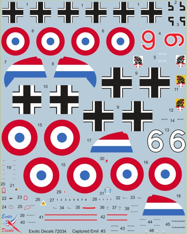 Exotic Decals ED72034 1:72 Captured Emil #3 - captured Bf-109 E-1s W.Nr 3329 & W.Nr 3247