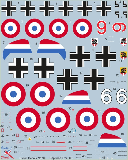 Exotic Decals ED72034 1:72 Captured Emil #3 - captured Bf-109 E-1s W.Nr 3329 & W.Nr 3247