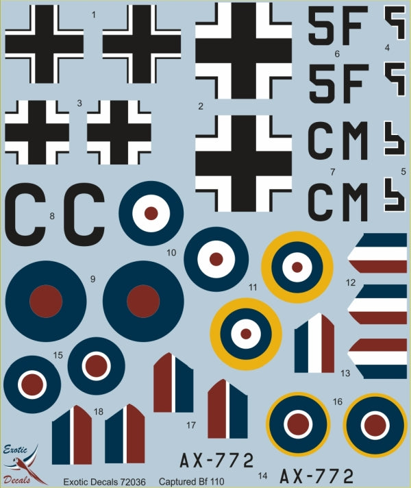 Exotic Decals ED72036 1:72 Bf 110 in Enemy Aircraft Circus - captured Bf 110 C-5 W.Nr 2177