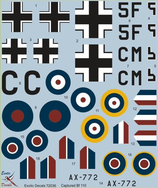 Exotic Decals ED72036 1:72 Bf 110 in Enemy Aircraft Circus - captured Bf 110 C-5 W.Nr 2177