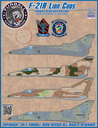 Furball Aero-Design 48-020 1:48 IAI F-21A Lion Cubs featuring markings for six colorfully camouflaged USN/USMC F-21A Kfirs
