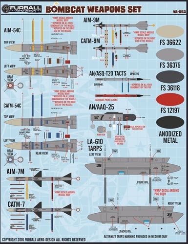 Furball Aero-Design 48-053 1:48 Bombcat Weapons Set. contains all the markings you need to dress up the ordnance for your late model F-14A/F-14B Tomcat