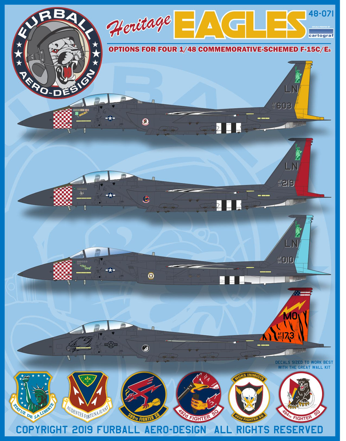Furball Aero-Design 48-071 1:48 F-15C/F-15E Heritage Eagles' covers 4 USAF F-15s in colorful commemorative schemes