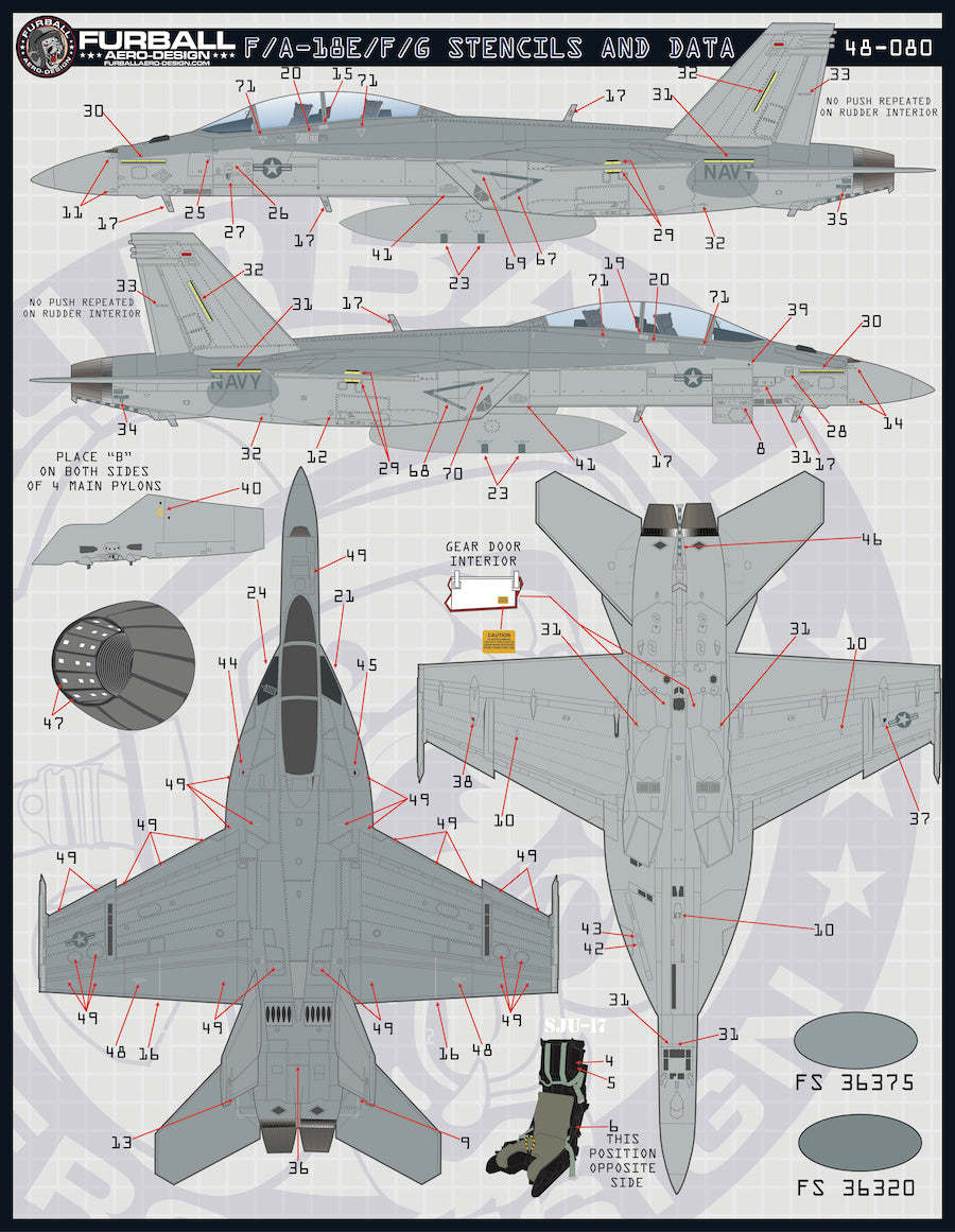 Furball Aero-Design 48-080 1:48 F/A-18E F/A-18F F/A-18G Super Hornet Stencils and Data.