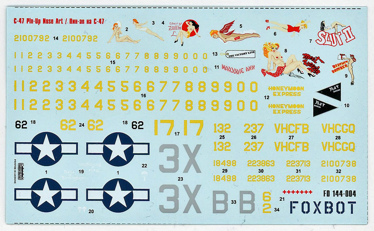 Foxbot Decals 144-004 1:144 Douglas C-47 Skytrain/Dakota 'Pin-Up Nose Art and Stencils'
