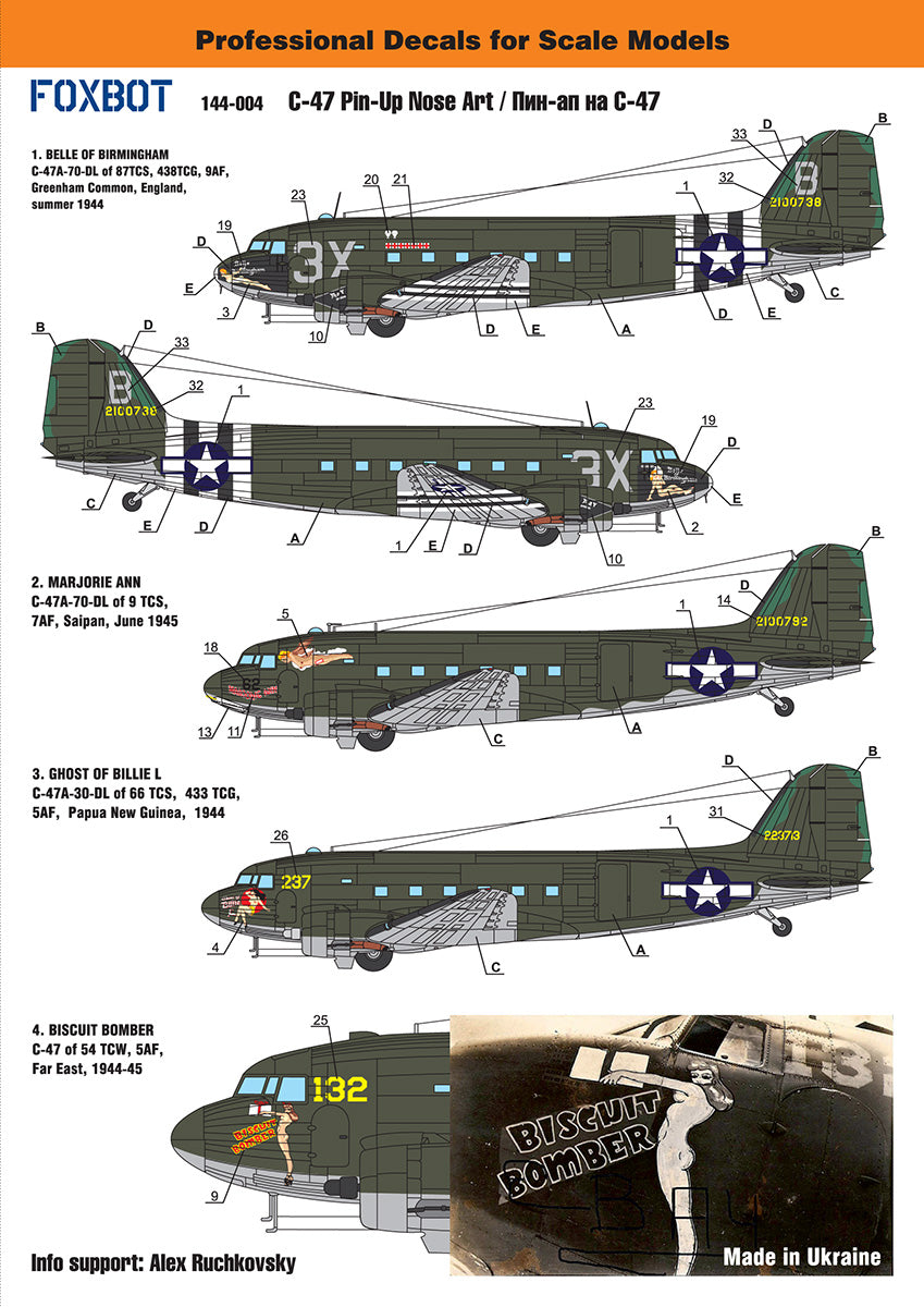 Foxbot Decals 144-004 1:144 Douglas C-47 Skytrain/Dakota 'Pin-Up Nose Art and Stencils'