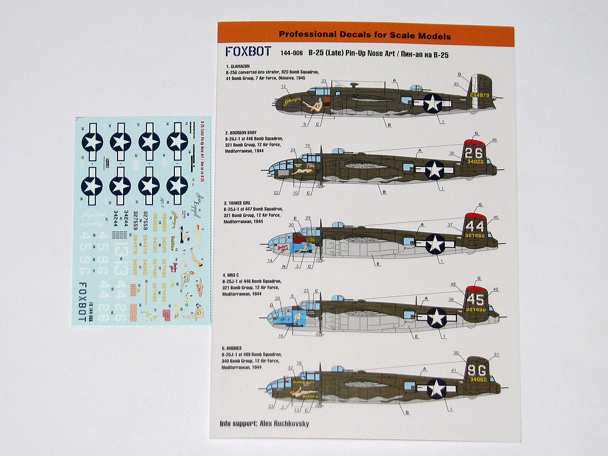 Foxbot Decals 144-006 1:144 B-25G/B-25J/B-25H Mitchell (Late) 'Pin-Up Nose Art and Stencils'