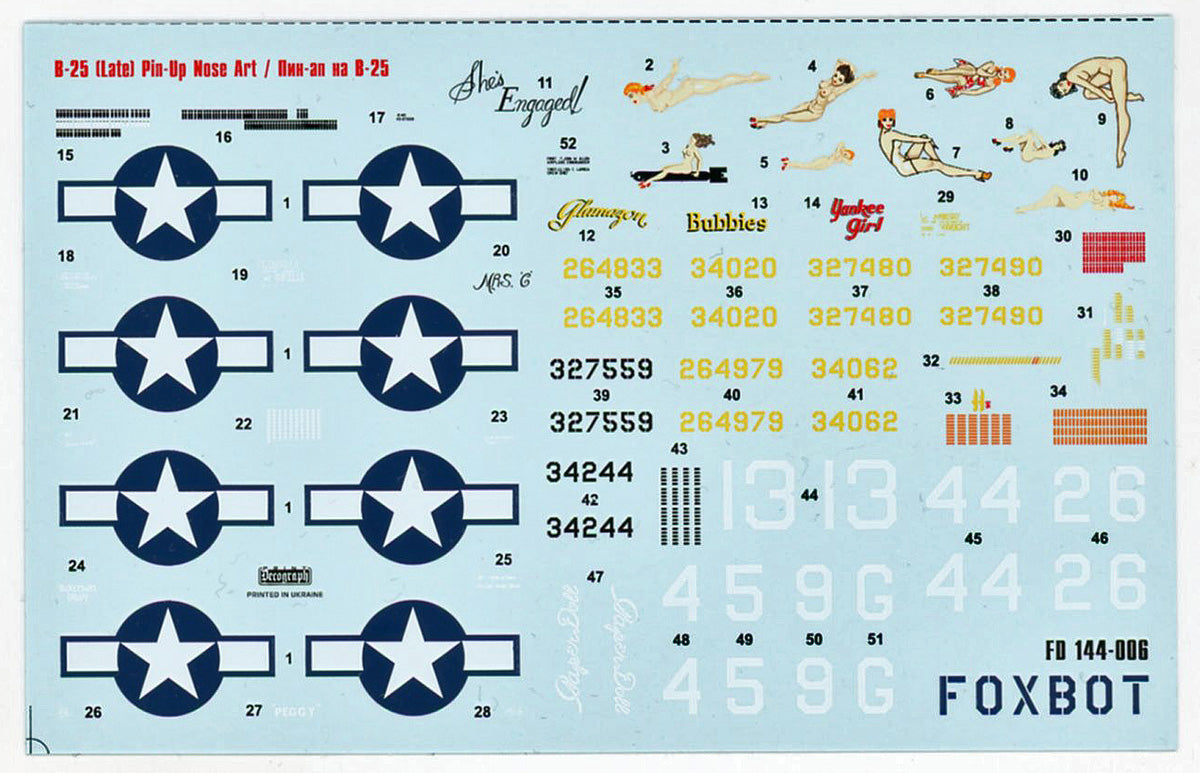Foxbot Decals 144-006 1:144 B-25G/B-25J/B-25H Mitchell (Late) 'Pin-Up Nose Art and Stencils'