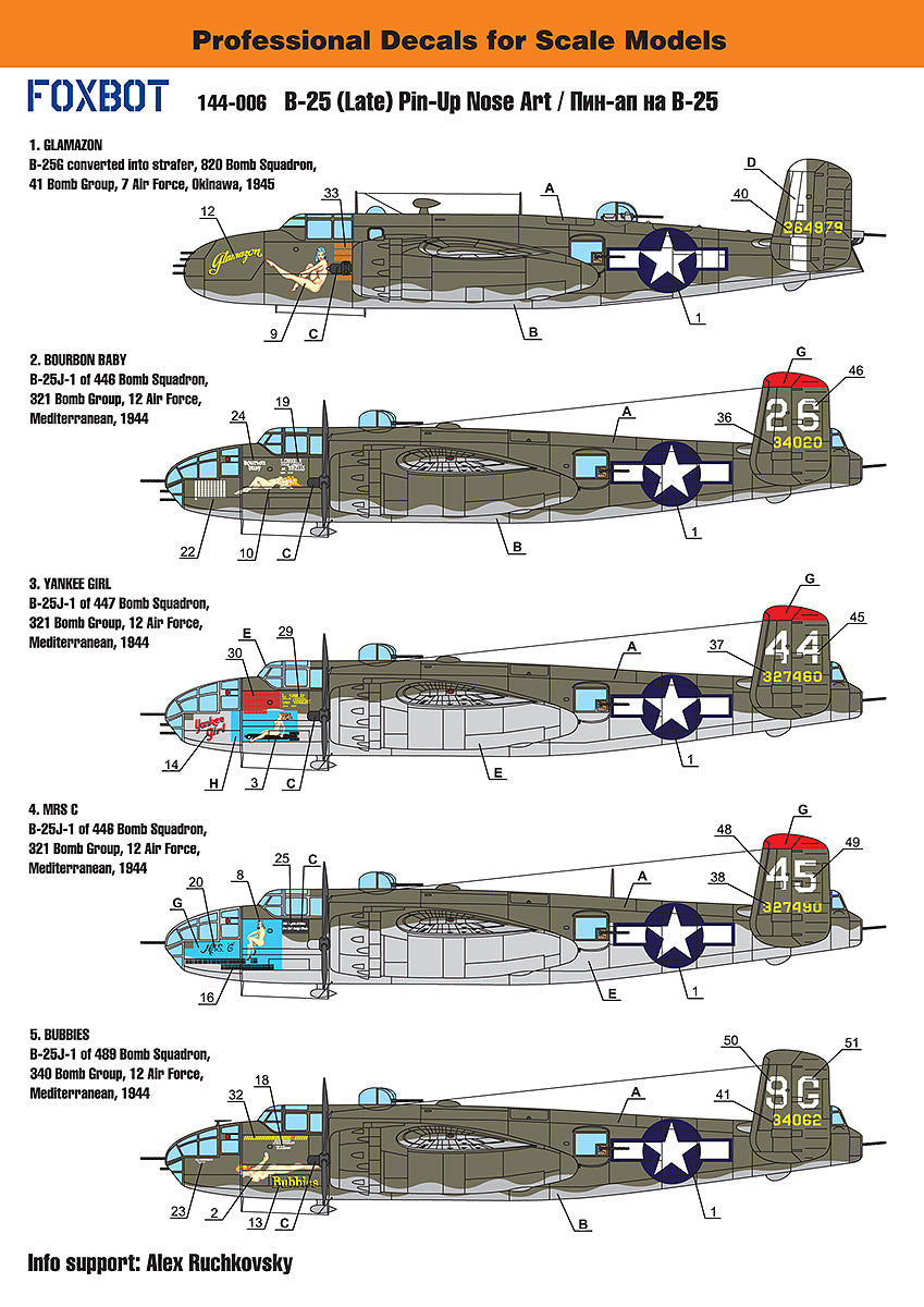 Foxbot Decals 144-006 1:144 B-25G/B-25J/B-25H Mitchell (Late) 'Pin-Up Nose Art and Stencils'