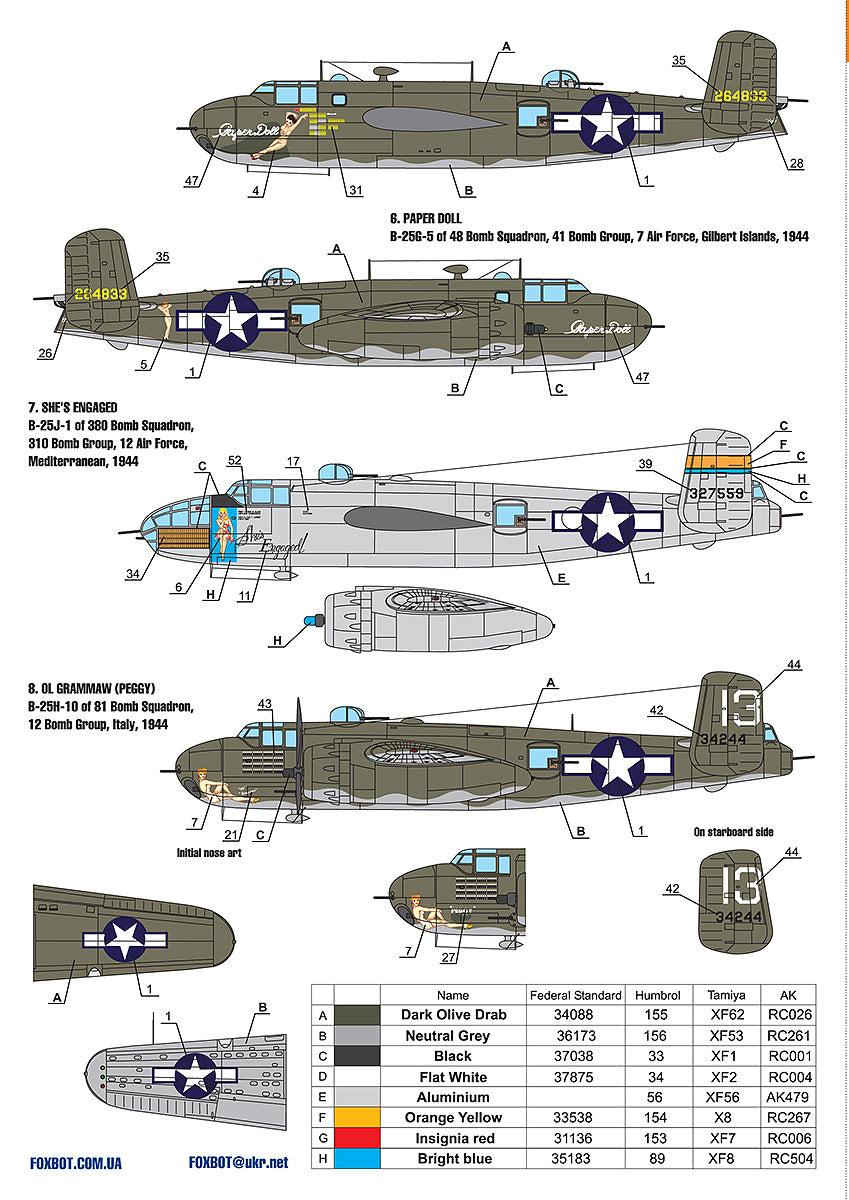 Foxbot Decals 144-006 1:144 B-25G/B-25J/B-25H Mitchell (Late) 'Pin-Up Nose Art and Stencils'