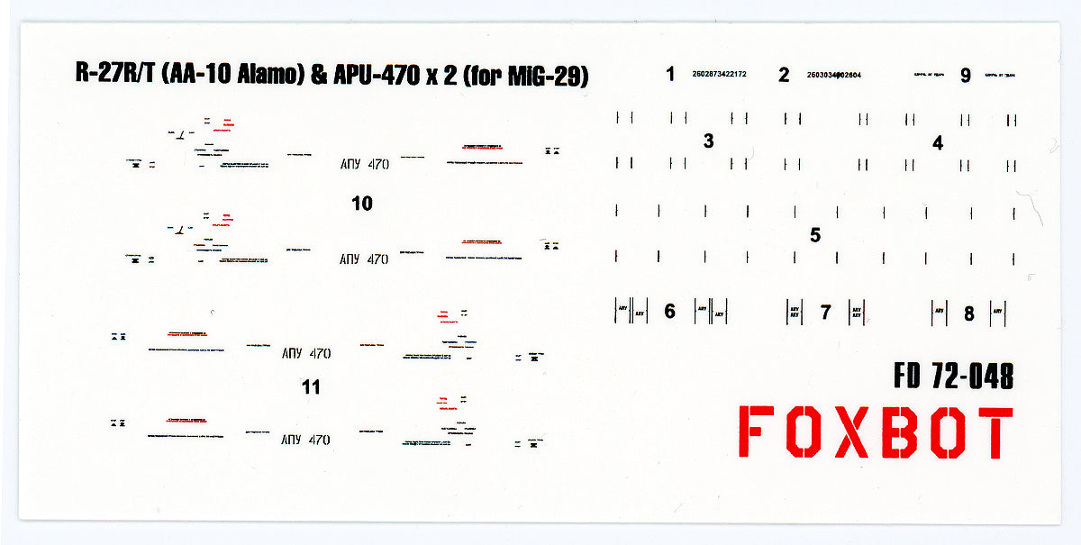 Foxbot Decals FD72-048 1:72 Stencils for Missile R-27R/T (AA-10 Alamo) & APU-470 for MiG-29 and other