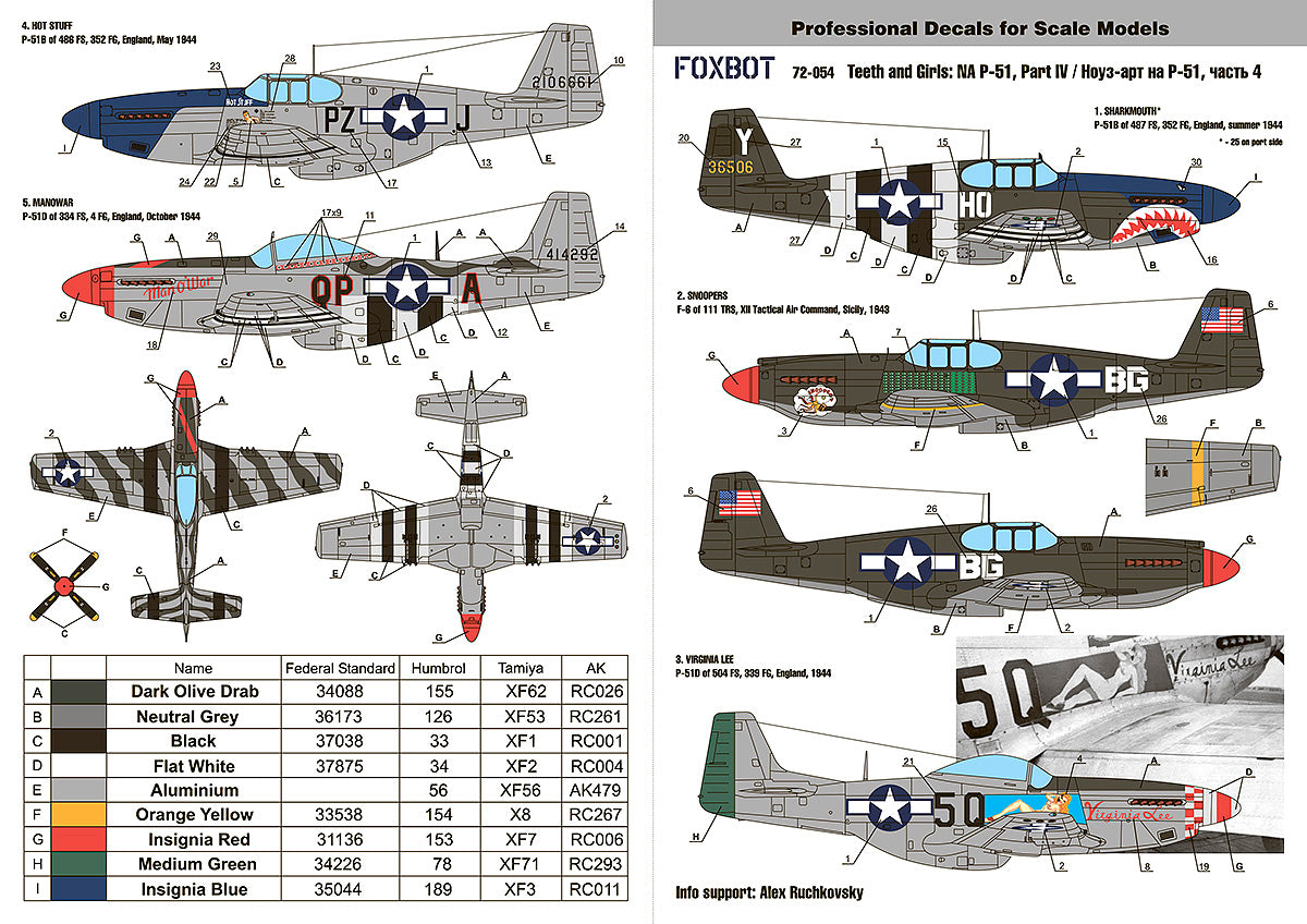 Foxbot Decals 72-054 1:72 North-American P-51 Mustang Nose art, Part #4, and Stencils