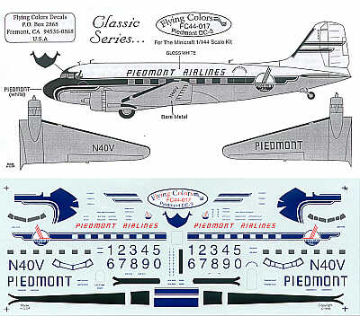Flying Colors FC44017 1:144 Douglas DC-3 Dakota PIEDMONT N40V etc