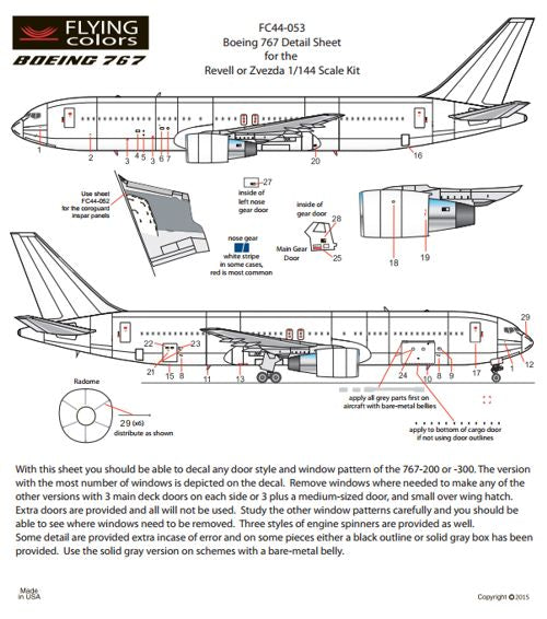 Flying Colors FC44053 1:144 Boeing 767 Detail Sheet.. Includes Doors, windows etc.