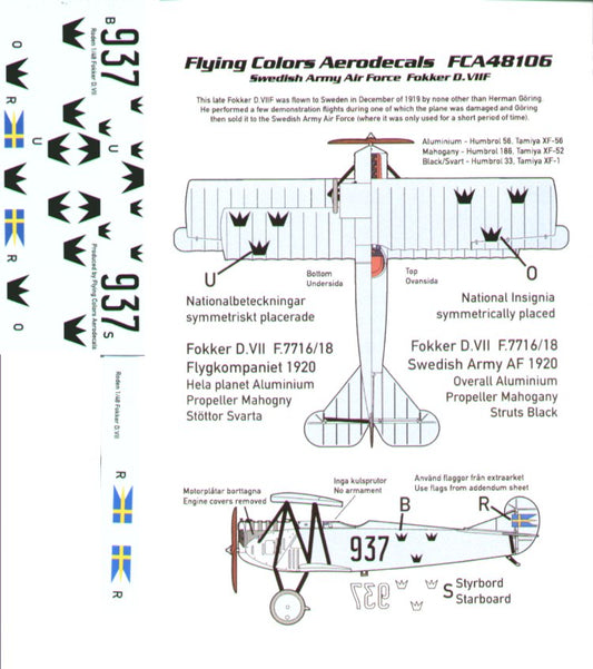 Flying Colors Aero FCA48106 1:48 Fokker D.VIIIF No 937 Swedish Army Air Force