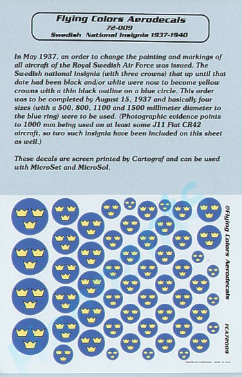Flying Colors Aero FCA72009 1:72 Swedish National Insignia 1937-40