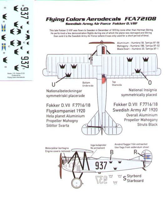 Flying Colors Aero FCA72108 1:72 Fokker D.VIIIF No 937 Swedish Army Air Force