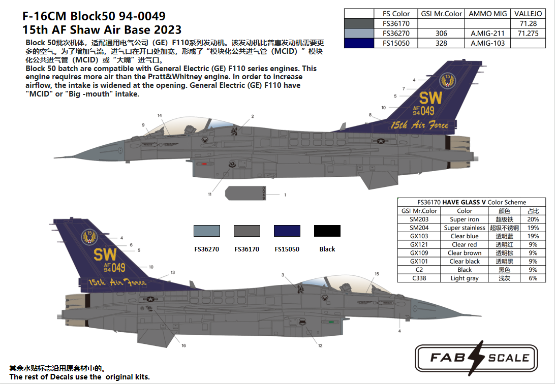 FabScale Studio FD48008 1:48 USAF Lockheed-Martin F-16C Block 50 15th AF Shaw Air Base 2023
